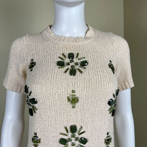 J. Crew Women's Size XXS Cream Linen Jeweled Medallion Knit Crewneck Sweater Top - Picture 10 of 13